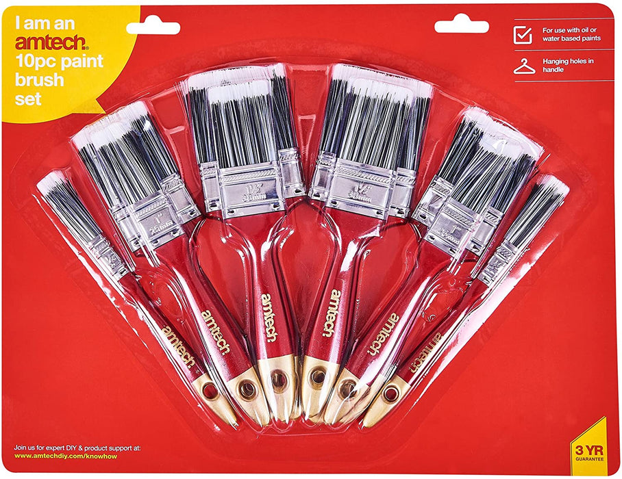 Amtech S3940 Paint Brush Set, 2 x 1 1-1/2”, 2 x 2” and 2 x 2-1/2”, Set of 10