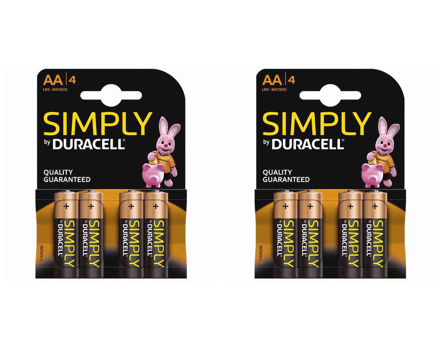 2 x AA Duracell Simply mn1500 lr06 Long Lasting Alkaline Battery Packs of 4