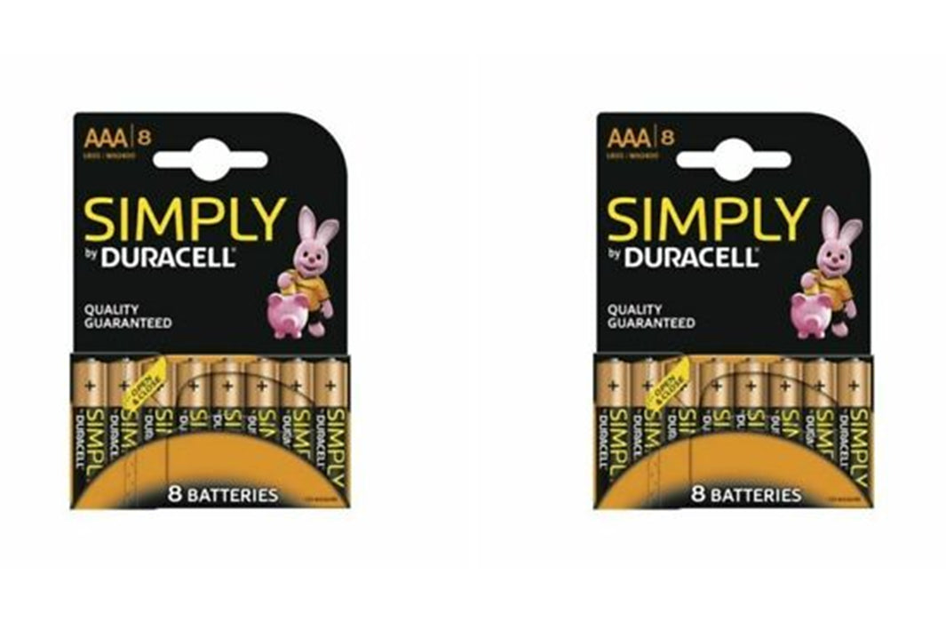 2 x Packs of 8 Duracell Simply LR03 AAA Batteries - 1.5V (16 x Batteries)