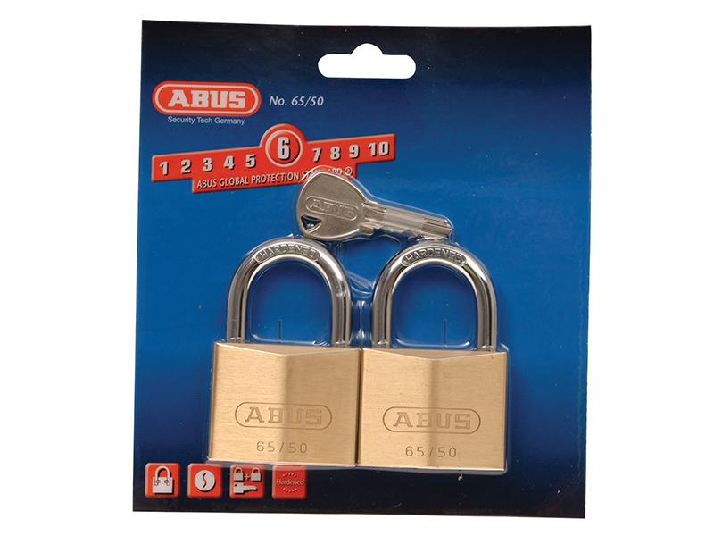 ABUS 65/50mm Brass Padlock Twin Pack Carded