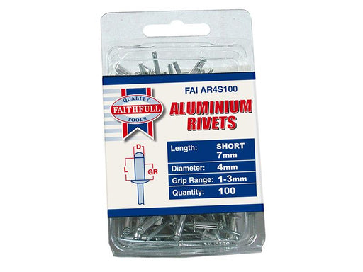 Aluminium Rivets 4 x 7mm Short Pre-Pack of 100                                  