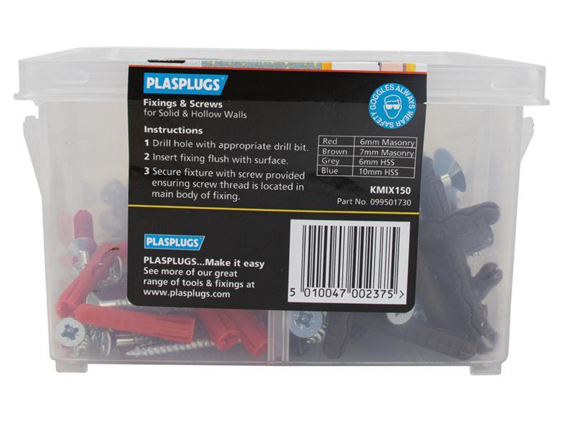 Fixings & Screws Kit for Solid & Hollow Walls, 150 Piece