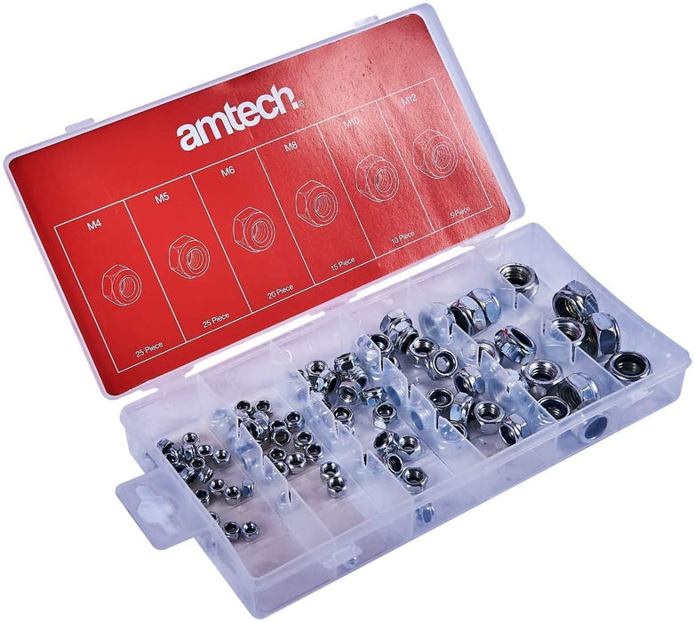 Amtech S6220 Assorted Locking Nuts x 100 - Nylon Inserts, M4 M5 M6 M8 M10 M12