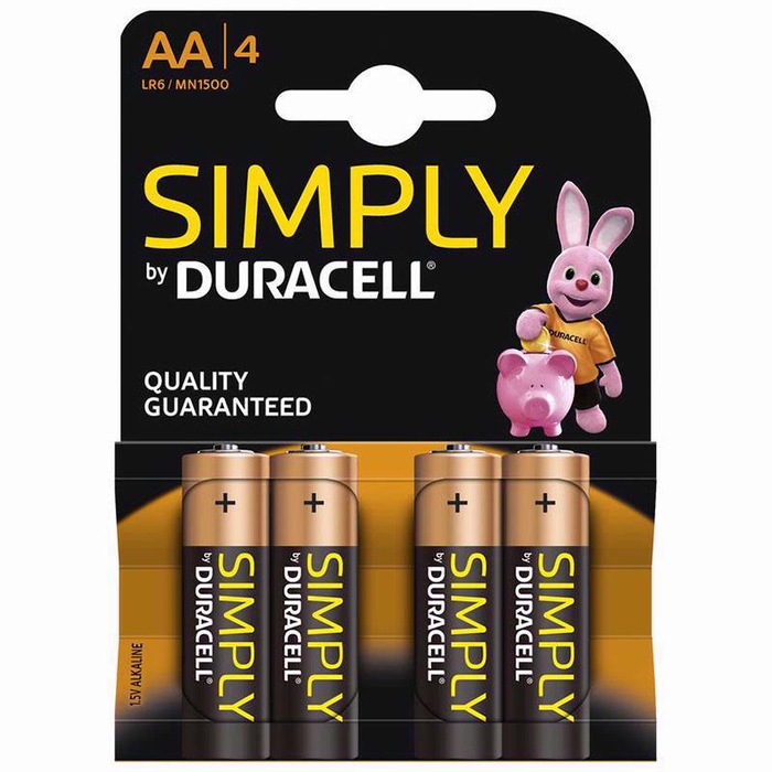 AA Duracell Simply mn1500 lr06 Long Lasting Alkaline Battery Pack of 4