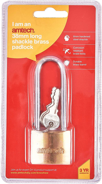 Amtech T1500C 38mm Solid Brass Long Shackle Small Padlock with 3 Keys