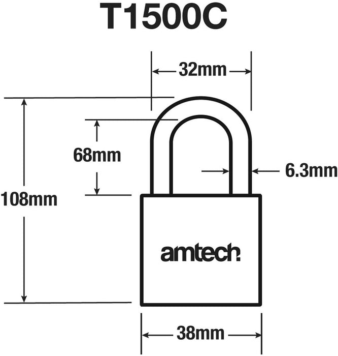 Amtech T1500C 38mm Solid Brass Long Shackle Small Padlock with 3 Keys